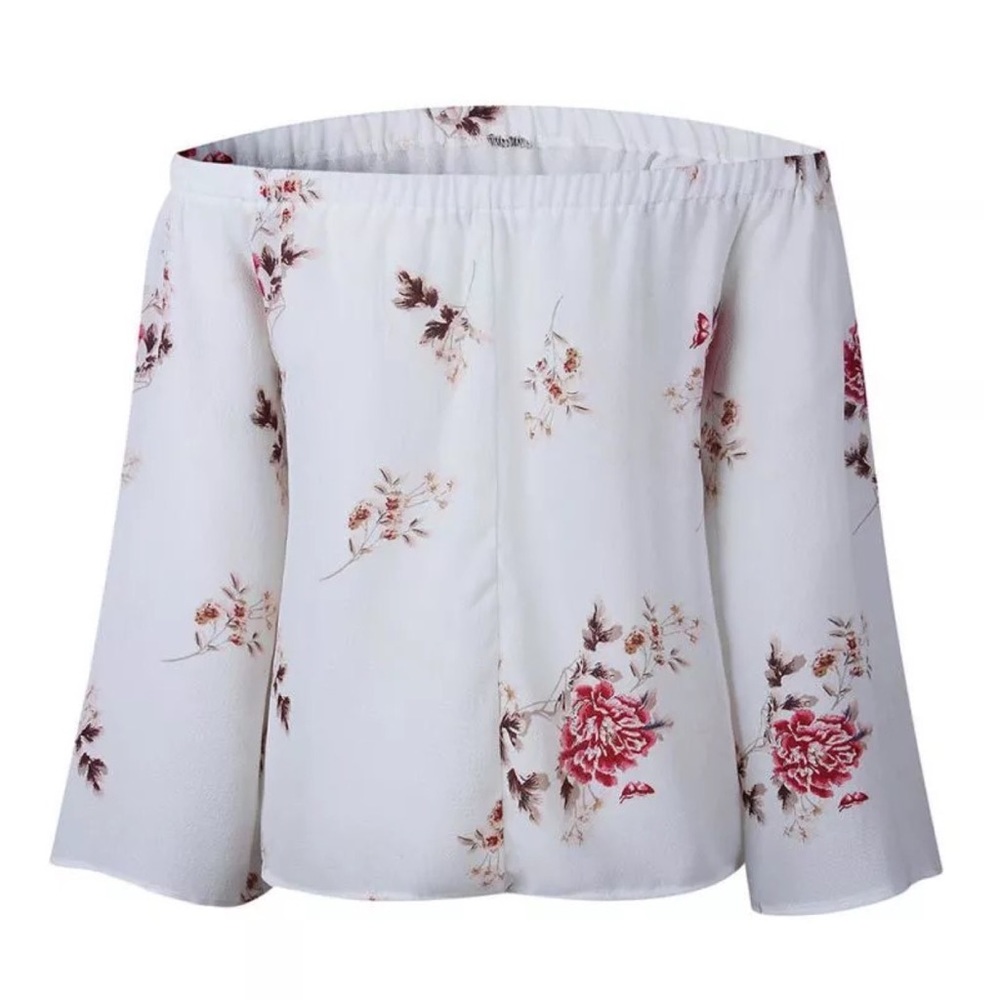 Off Shoulder White Floral Bell Sleeve Blouse - Picture 3 of 3